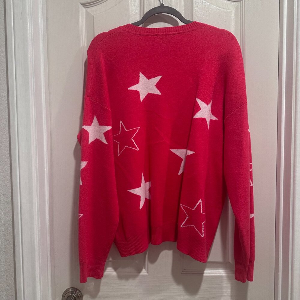 Calligraphie Women's Fuchsia Pink V-Neck Sweater with White Stars XL - Picture 3 of 4